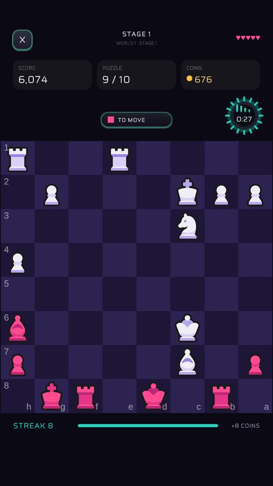 Chess Beats arcade mode: a timed chess tactics puzzle with a solving streak of 8 and a countdown timer